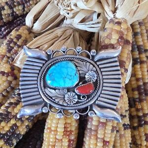 Beautiful Vintage Native American Navajo Turquoise & Coral Belt Buckle ❤️🎁🩵